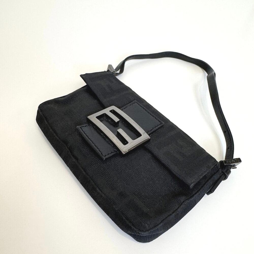 FENDI Black Zucca Monogram Mini Baguette Bag Gunmetal FF Logo Hardware Handbag - Picture 3 of 12